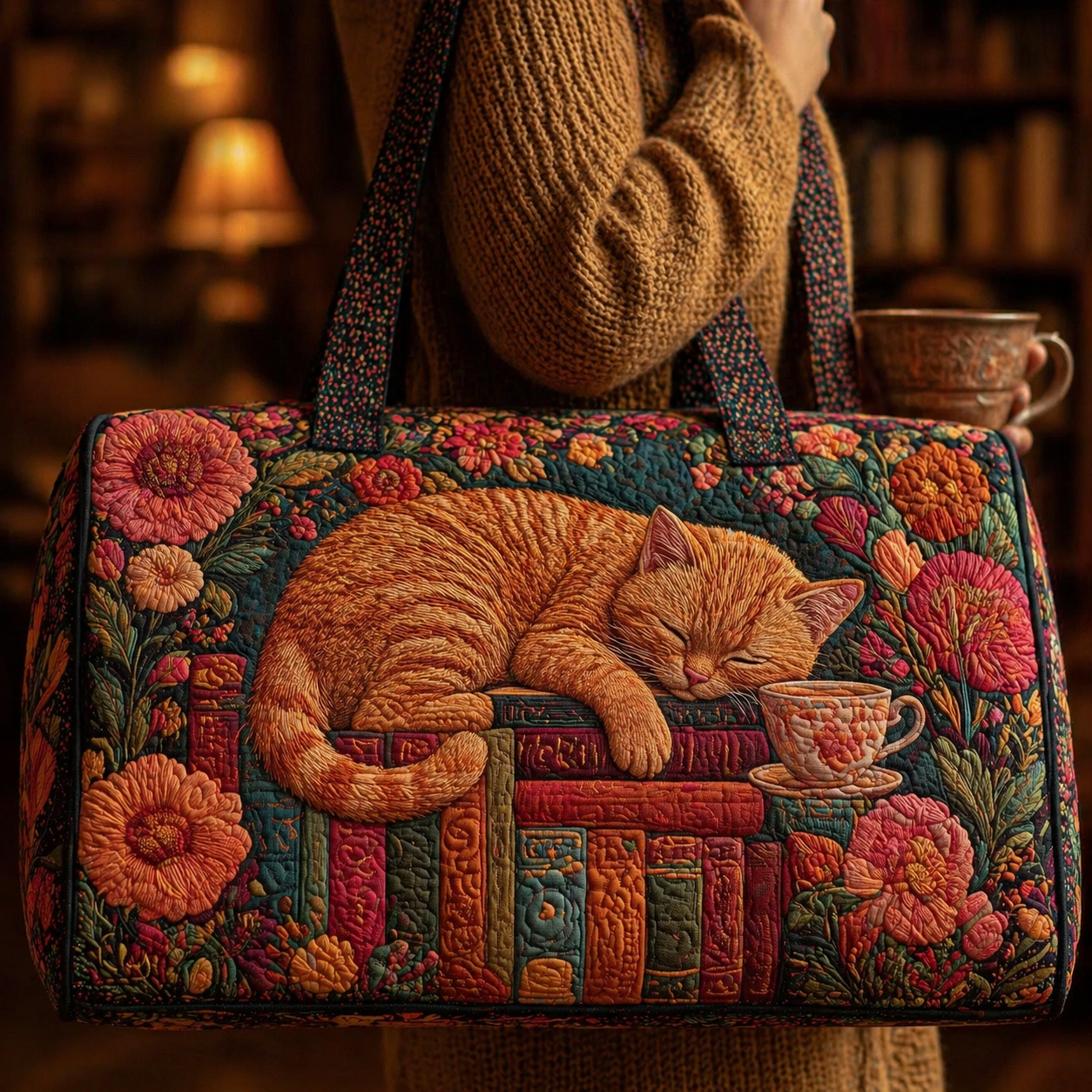 Sleeping Ginger Cat on Books Quilted Duffle Bag