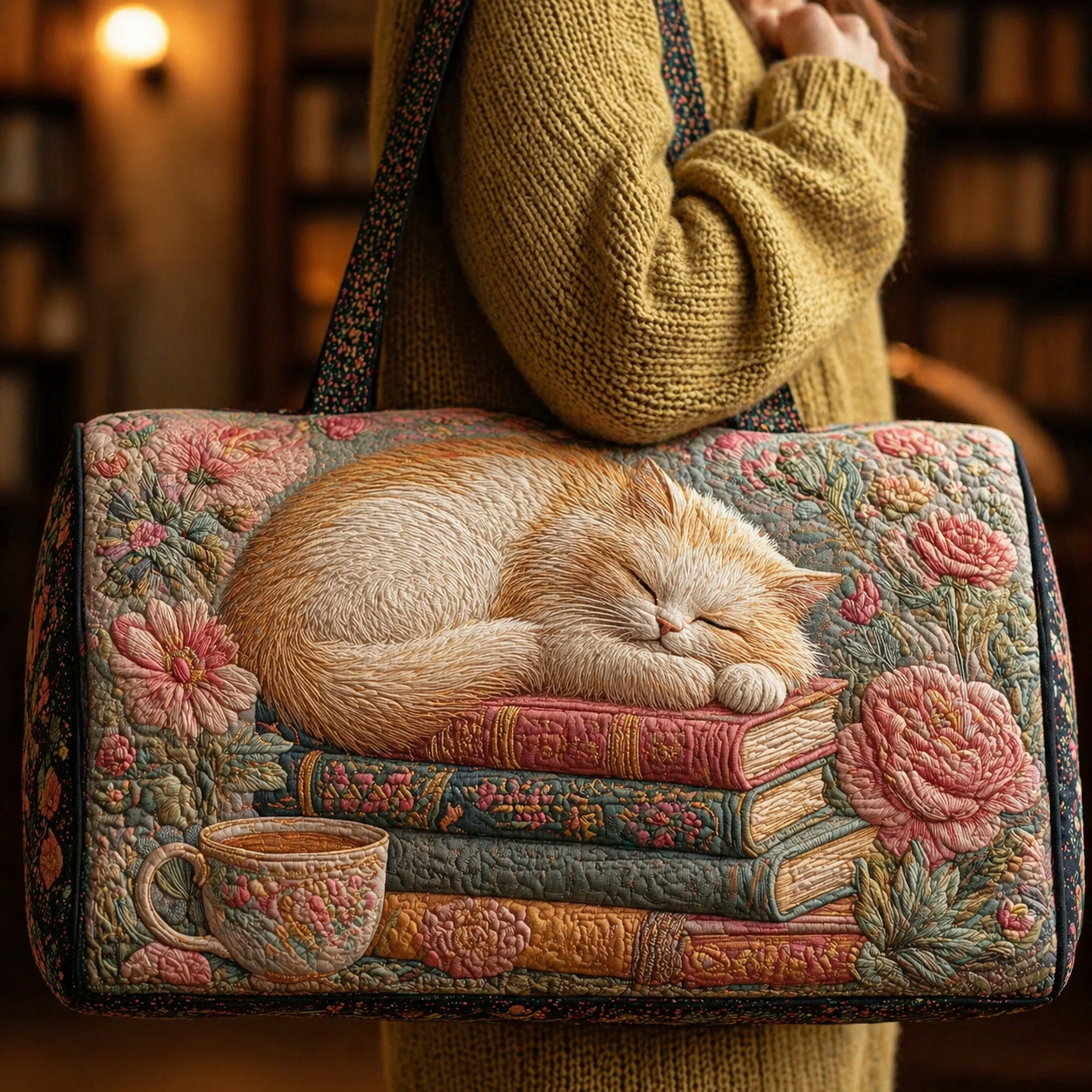 Sleeping Cream Cat on Vintage Books Quilted Duffle Bag