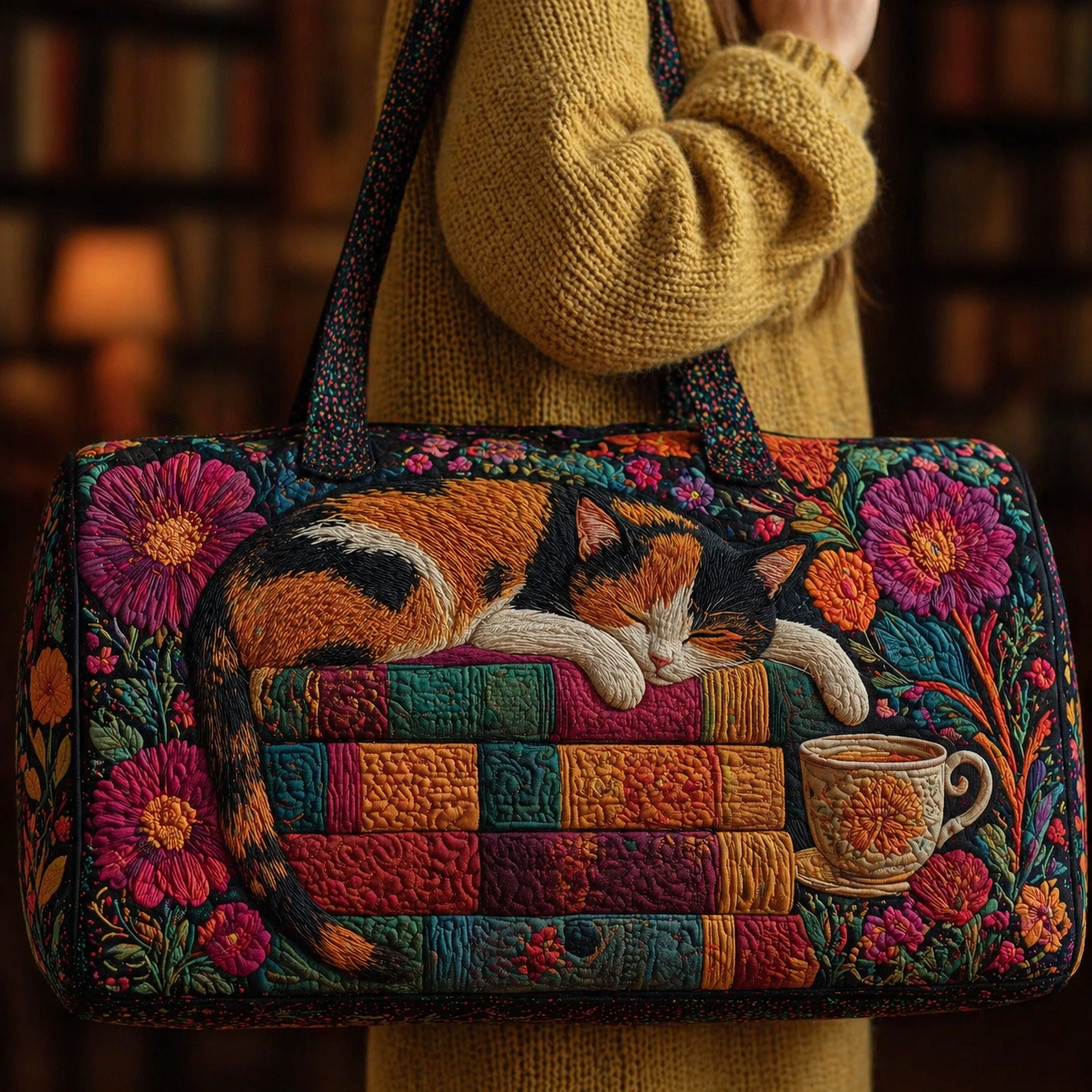 Sleeping Calico Cat on Books Quilted Duffle Bag