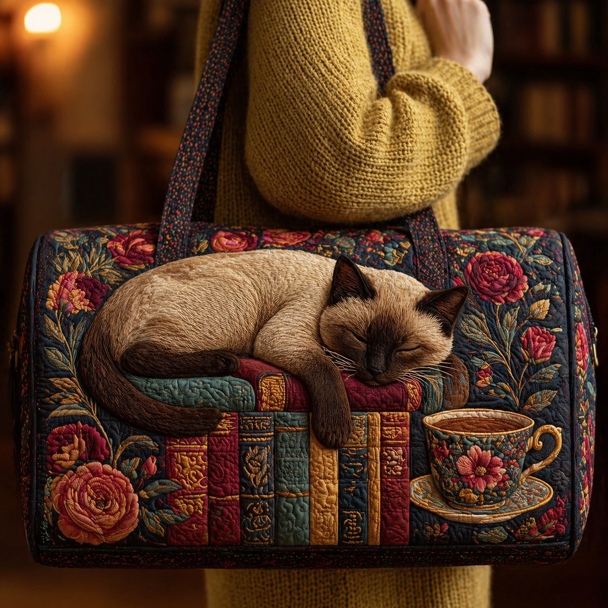 Sleeping Siamese Cat on Vintage Books Quilted Duffle Bag