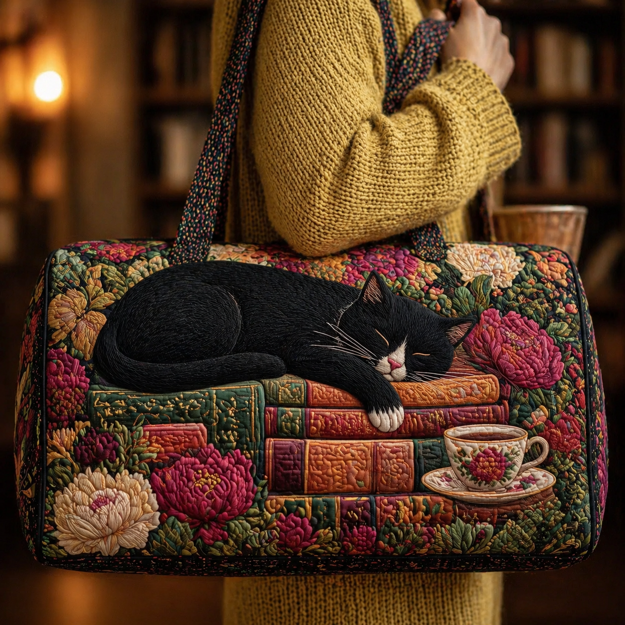 Sleeping Tuxedo Cat on Vintage Books Quilted Duffle Bag