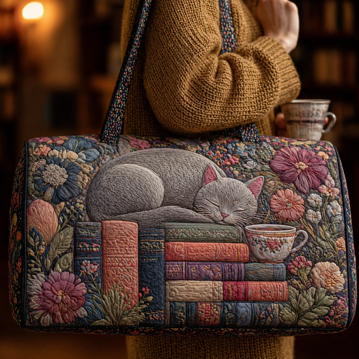 Sleeping Grey Cat on Vintage Books Quilted Duffle Bag