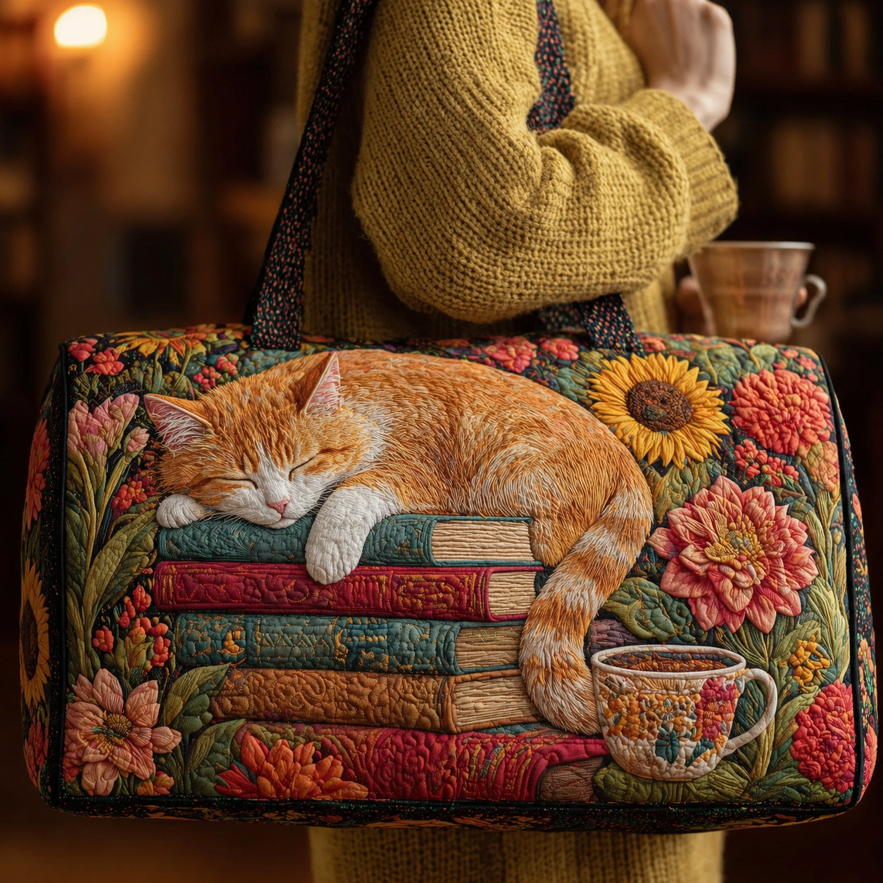 Sleeping Orange Tabby Cat on Books Quilted Duffle Bag