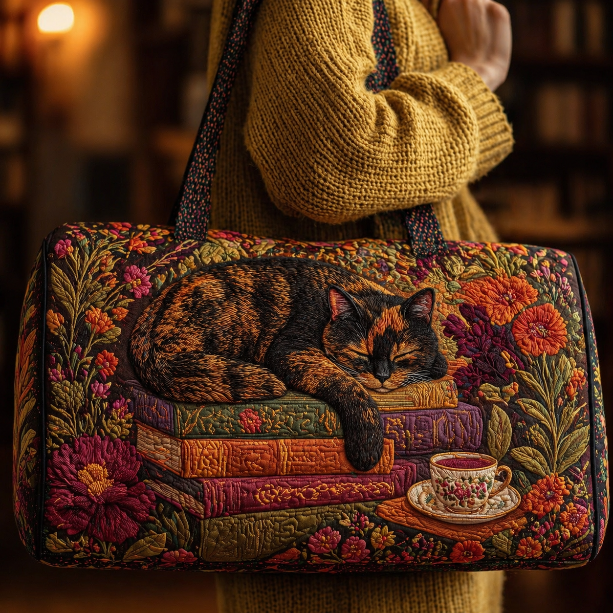 Sleeping Tortoiseshell Cat on Books Quilted Duffle Bag