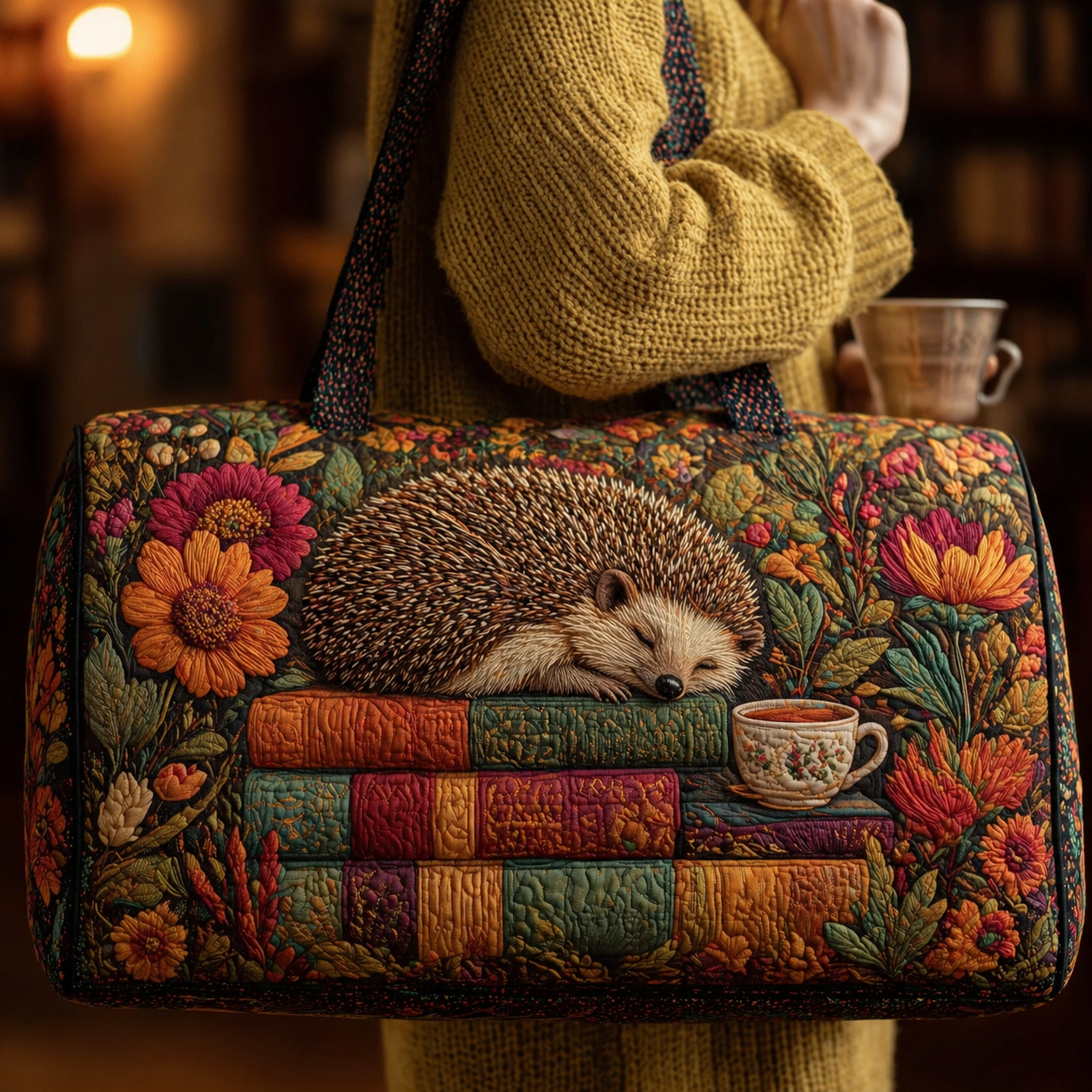 Sleeping Hedgehog on Patchwork Books Quilted Duffle Bag