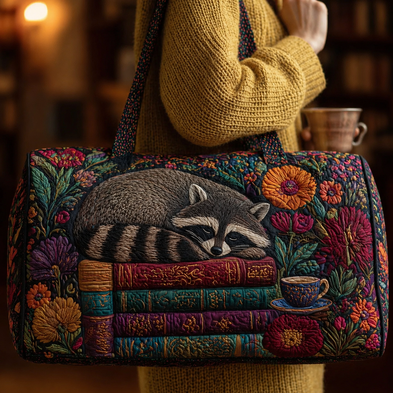 Sleeping Raccoon on Vintage Books Quilted Duffle Bag