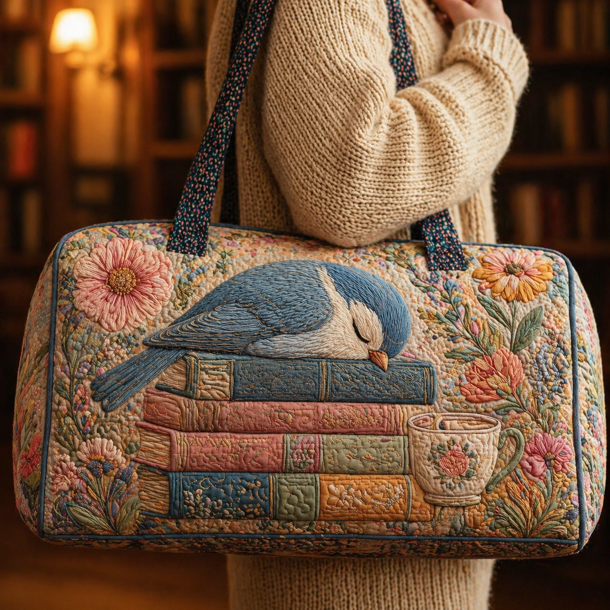 Sleeping Blue Bird on Books Quilted Duffle Bag
