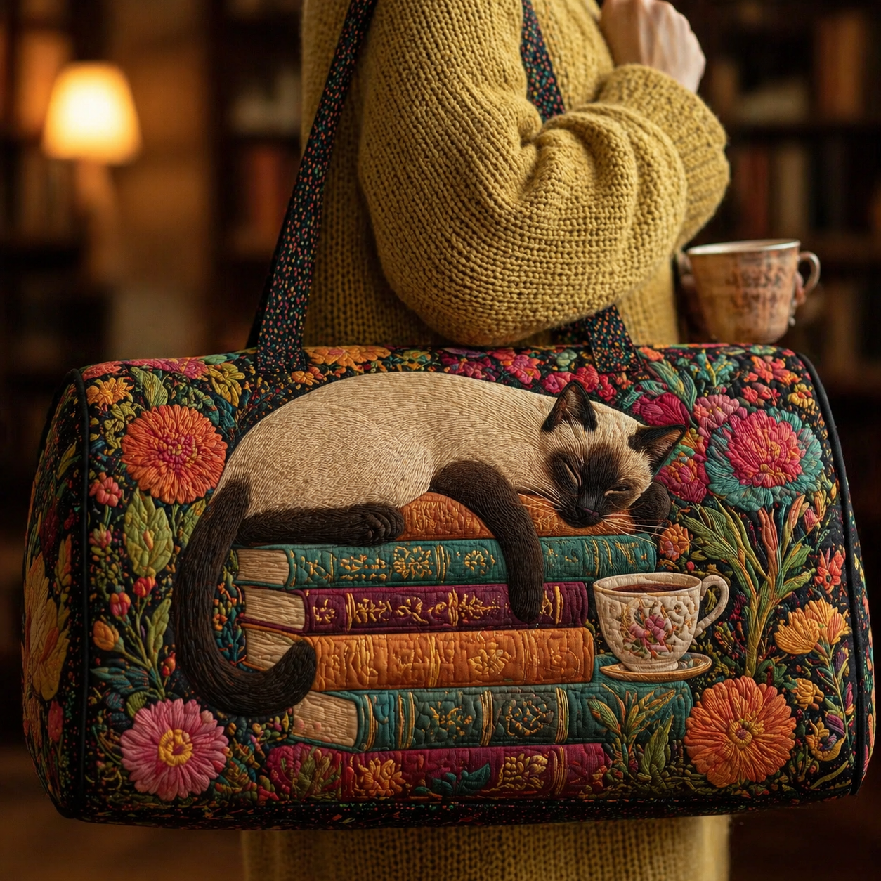 Sleeping Siamese Cat on Vintage Books Quilted Duffle Bag