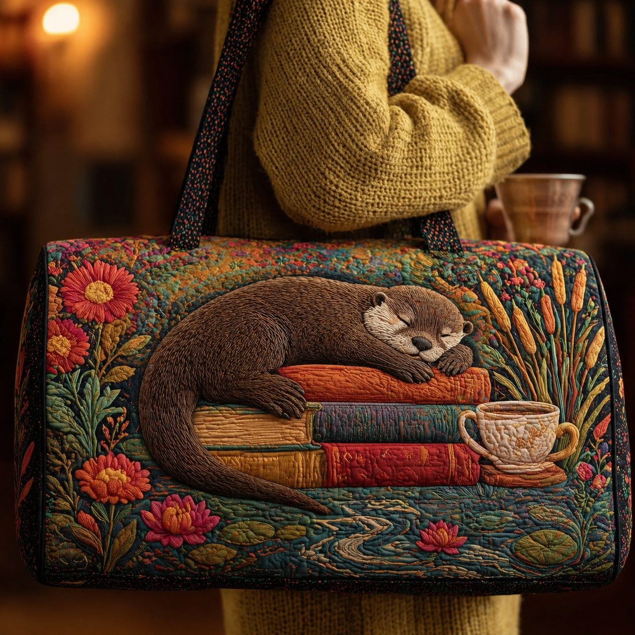 Sleeping Otter on Books Quilted Duffle Bag