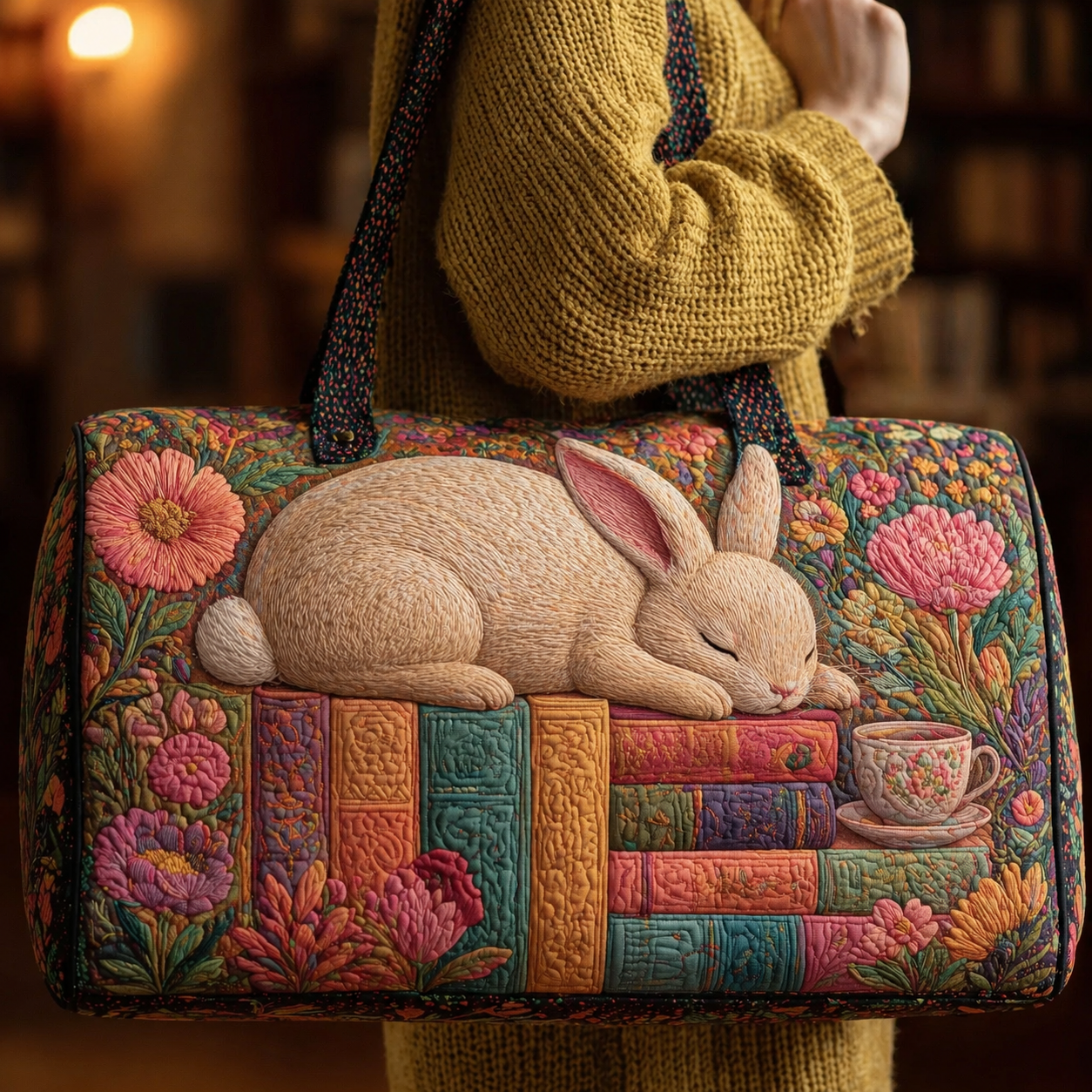 Sleeping Bunny Rabbit on Books Quilted Duffle Bag