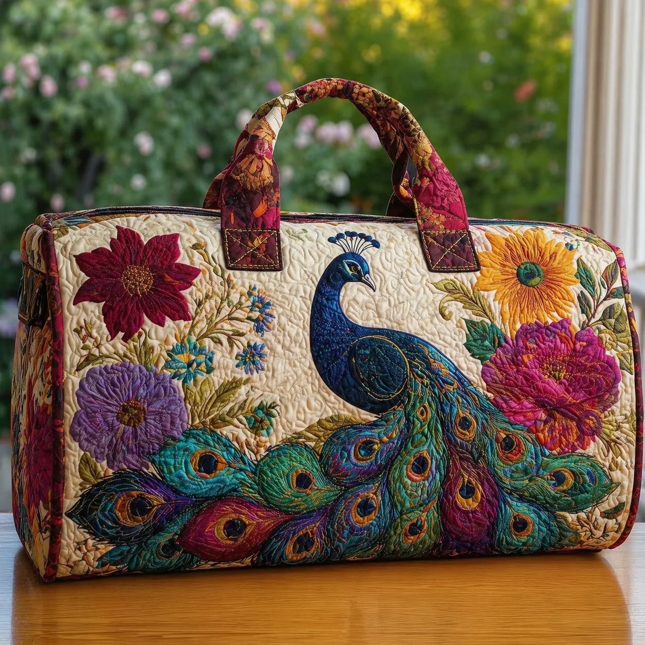 Peacock & Vibrant Floral Quilted Duffle Bag