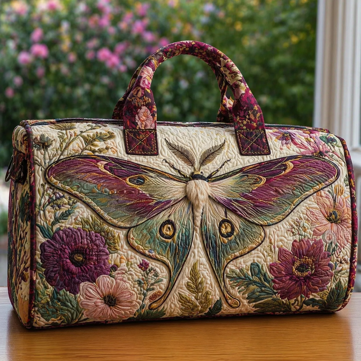 Luna Moth & Vintage Floral Quilted Duffle Bag