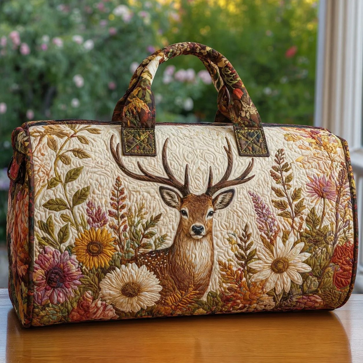 Woodland Deer & Wildflower Quilted Duffle Bag