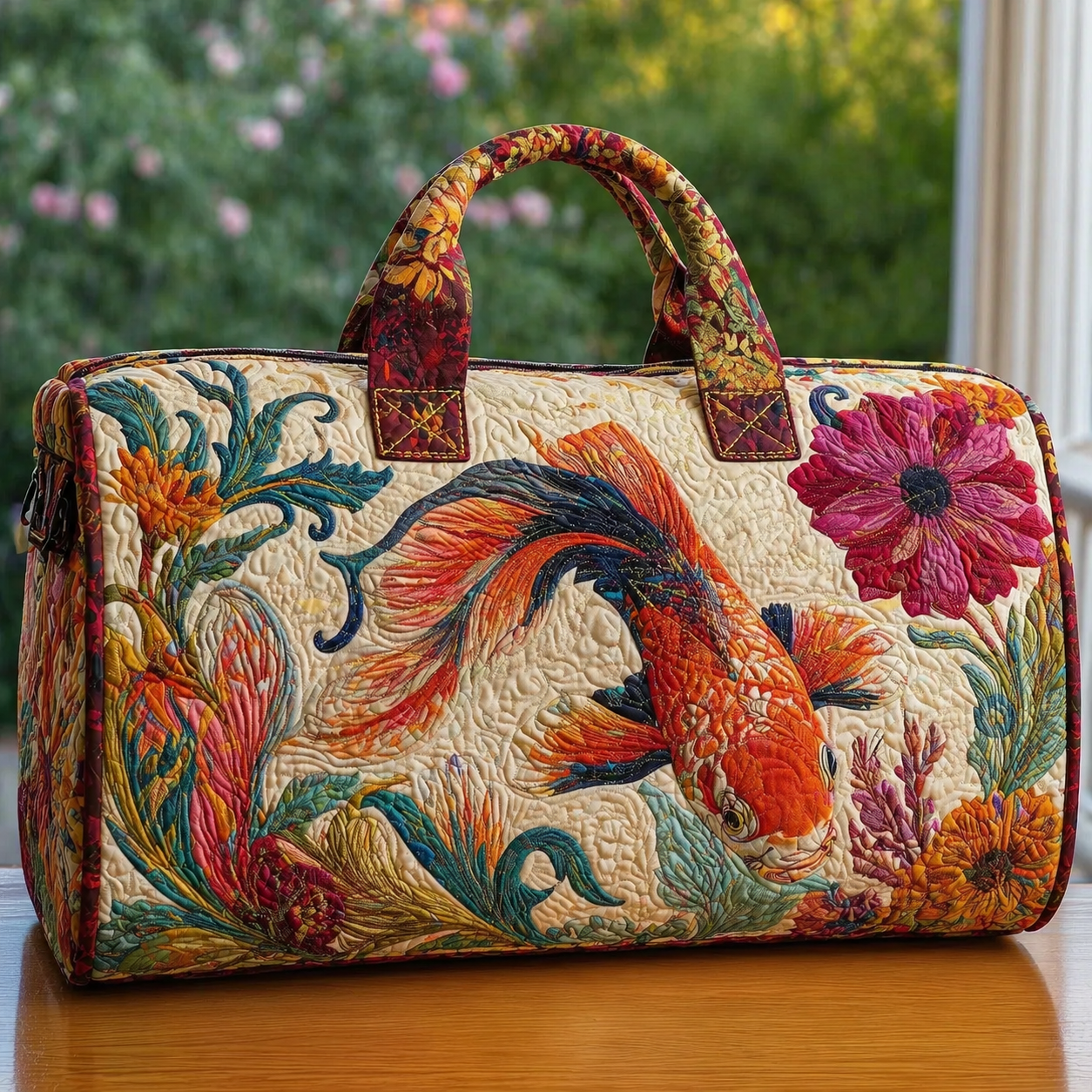 Koi Fish & Floral Quilted Duffle Bag