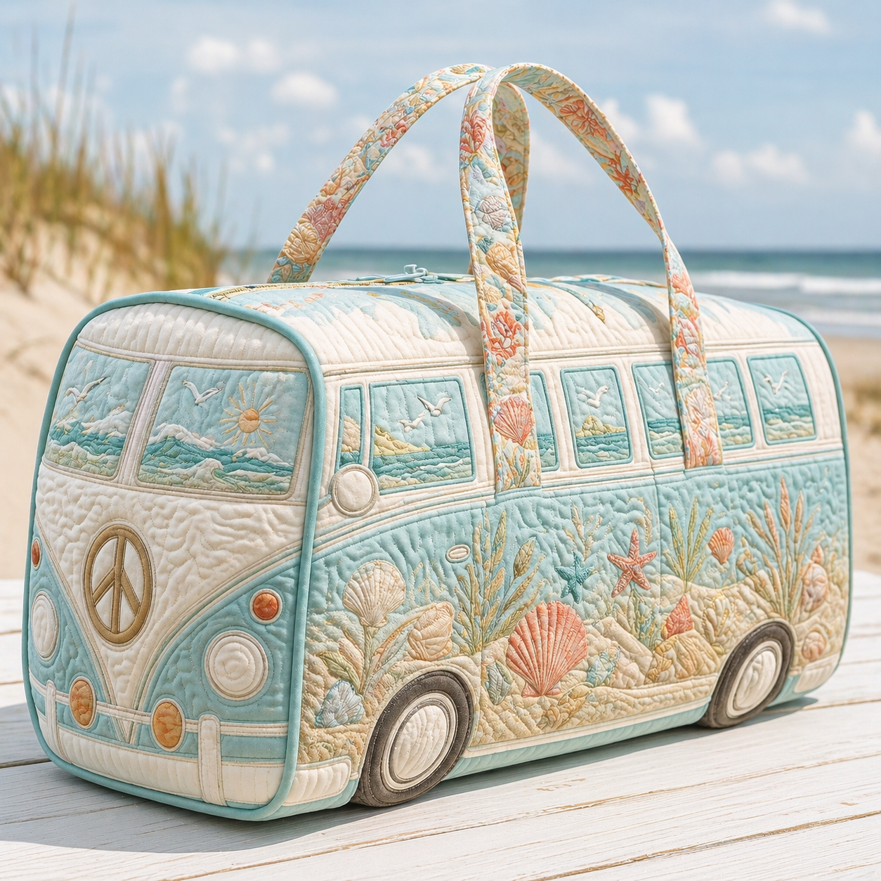 Coastal Beach Shell VW Bus Quilted Duffle Bag