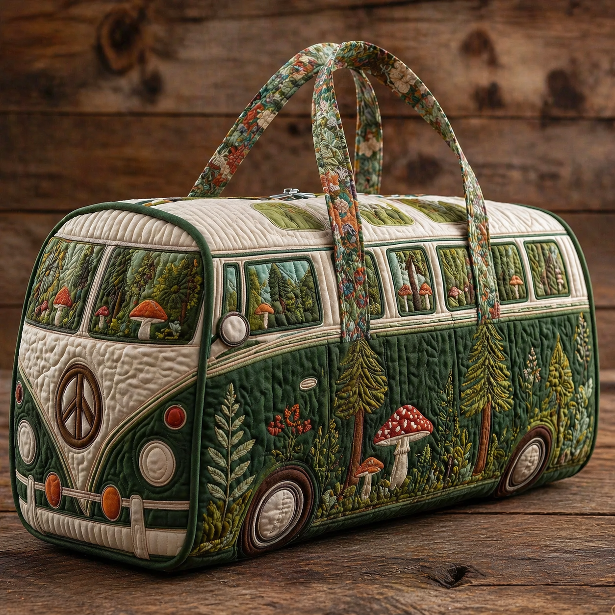 Forest Mushroom VW Bus Quilted Duffle Bag