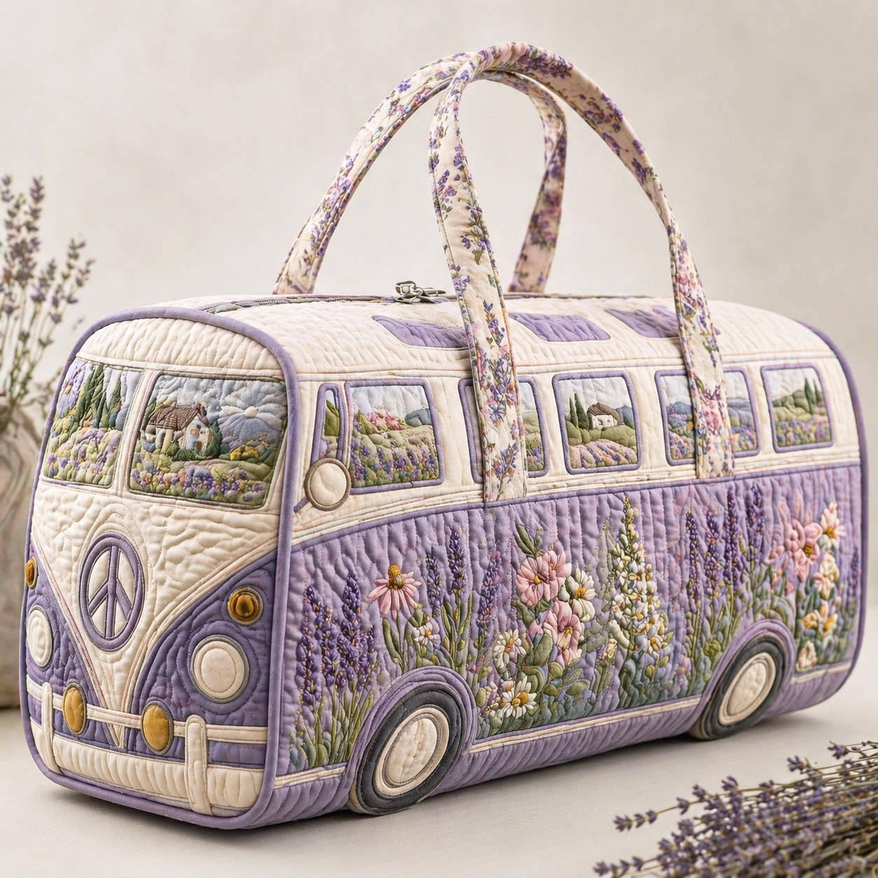 Lavender Field VW Bus Quilted Duffle Bag