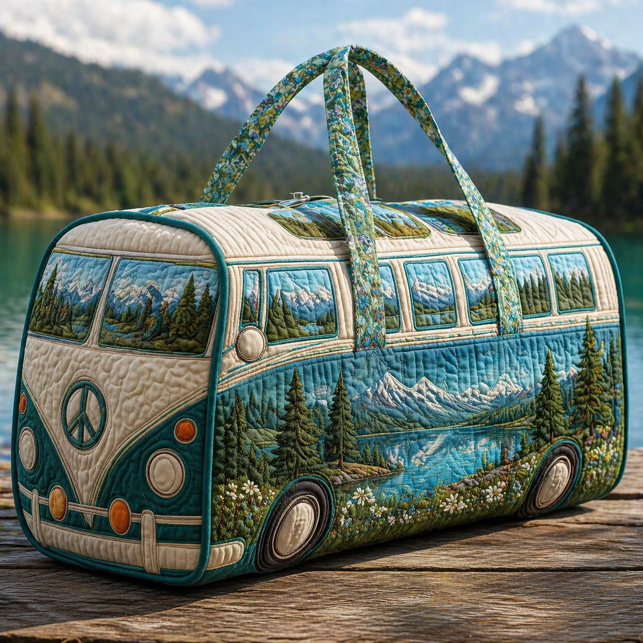 Lavender Field VW Bus Quilted Duffle Bag