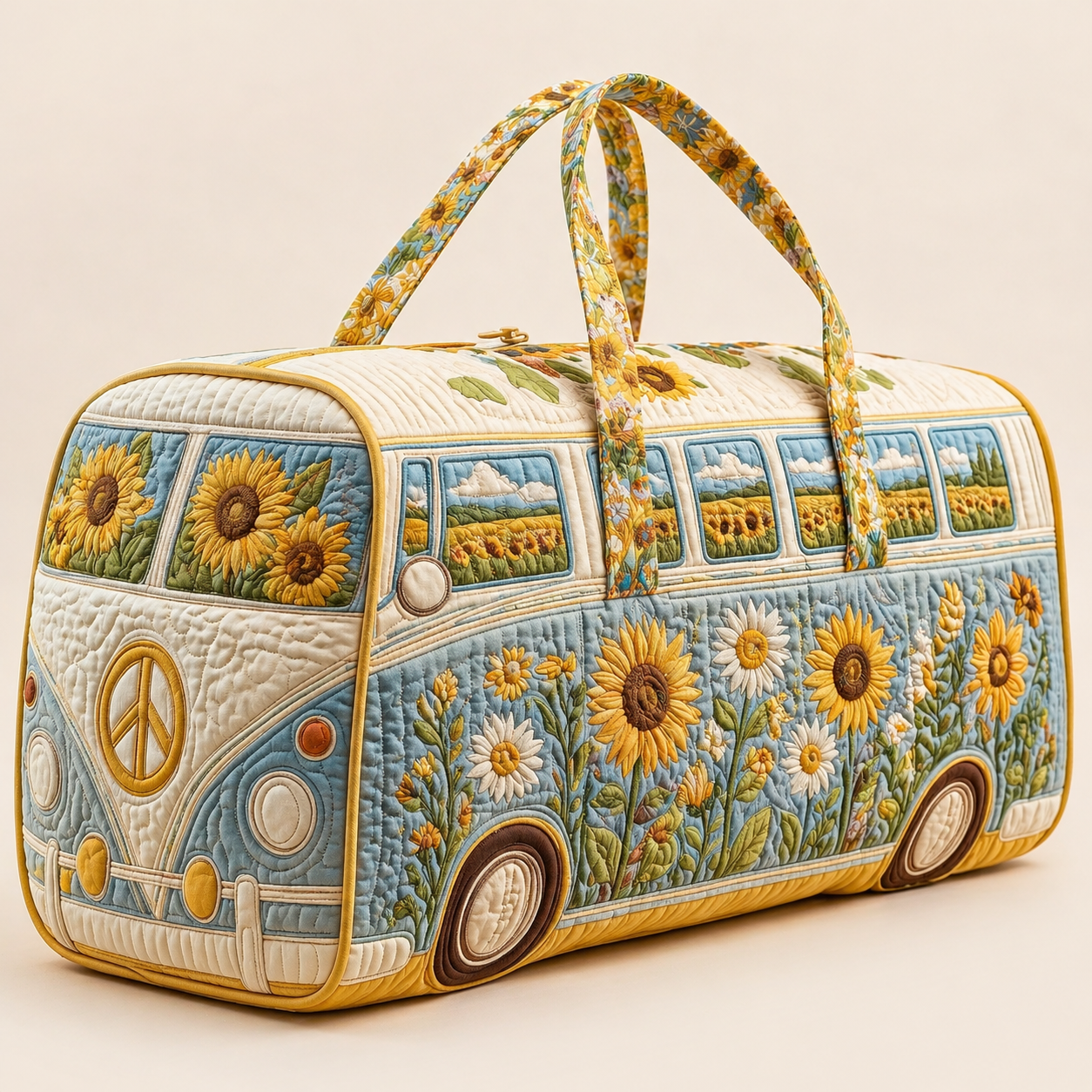 Sunflower Field VW Bus Quilted Duffle Bag