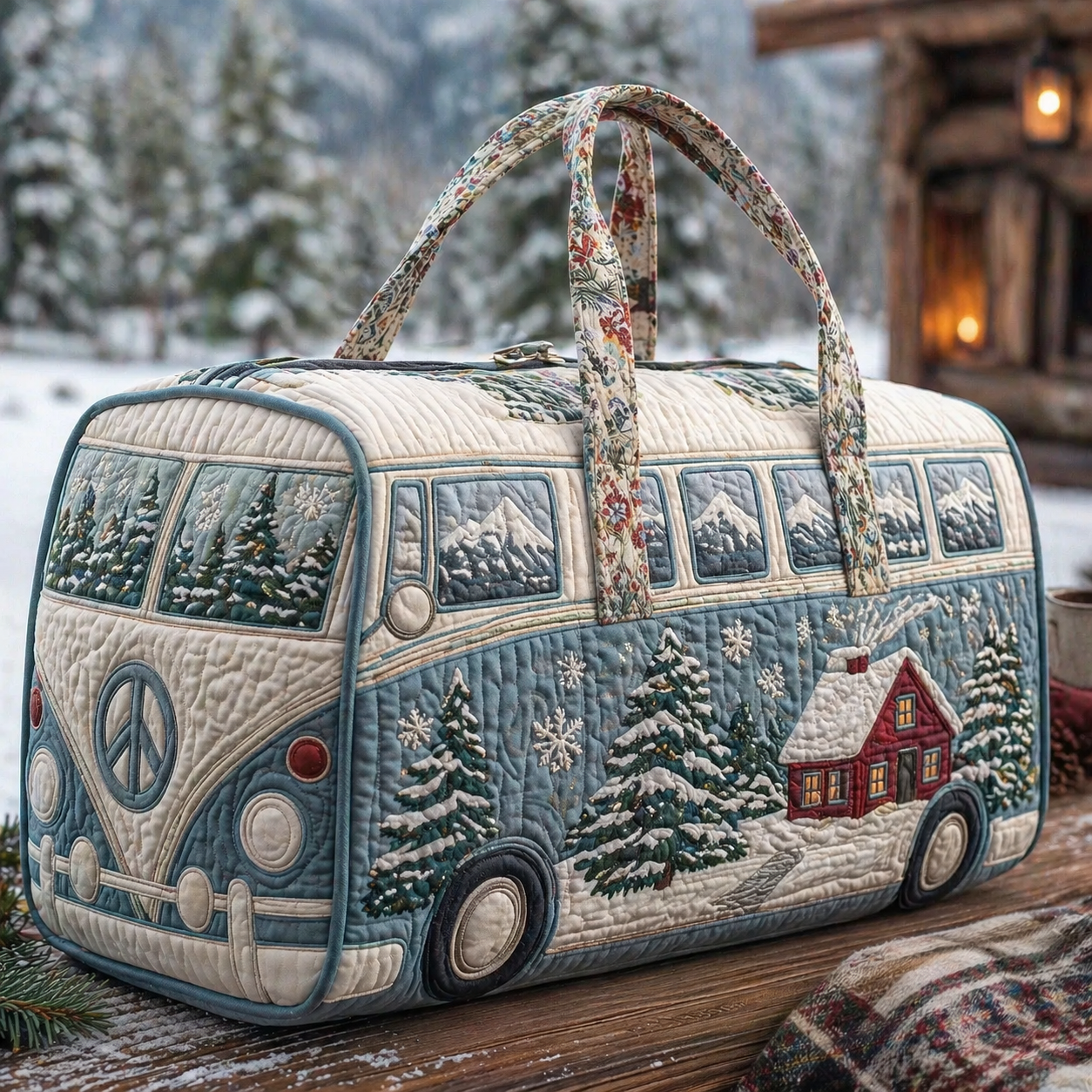 Winter Snow Cabin VW Bus Quilted Duffle Bag