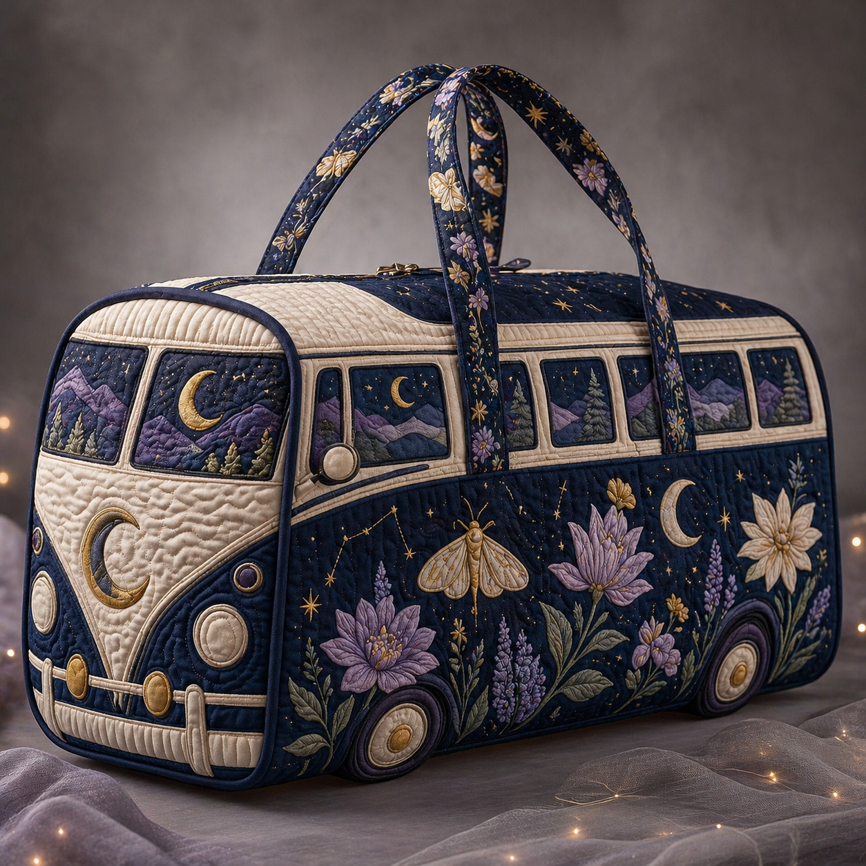 Celestial Moon & Moth VW Bus Quilted Duffle Bag