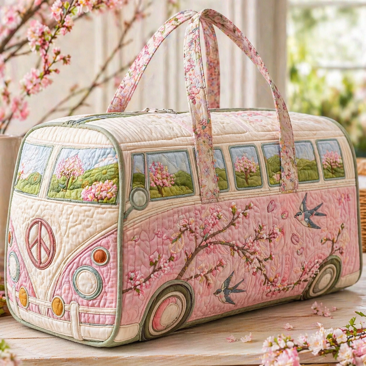 Cherry Blossom & Swallow VW Bus Quilted Duffle Bag
