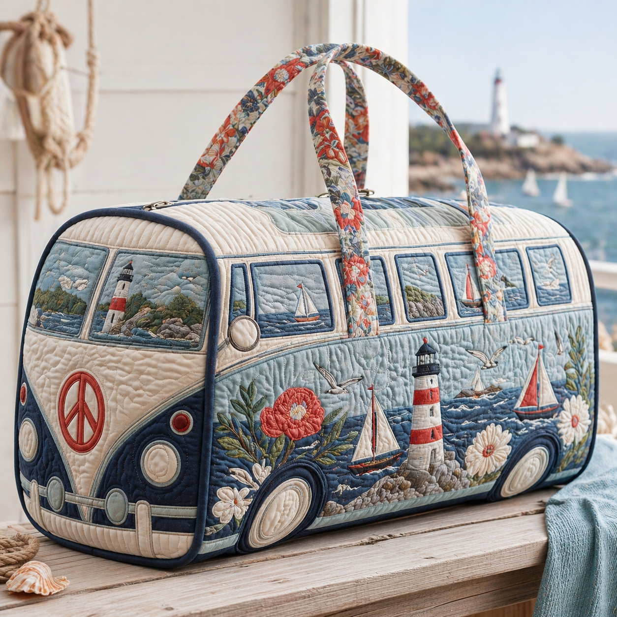 Lighthouse Sailboat Hippie Van Quilted Duffle Bag