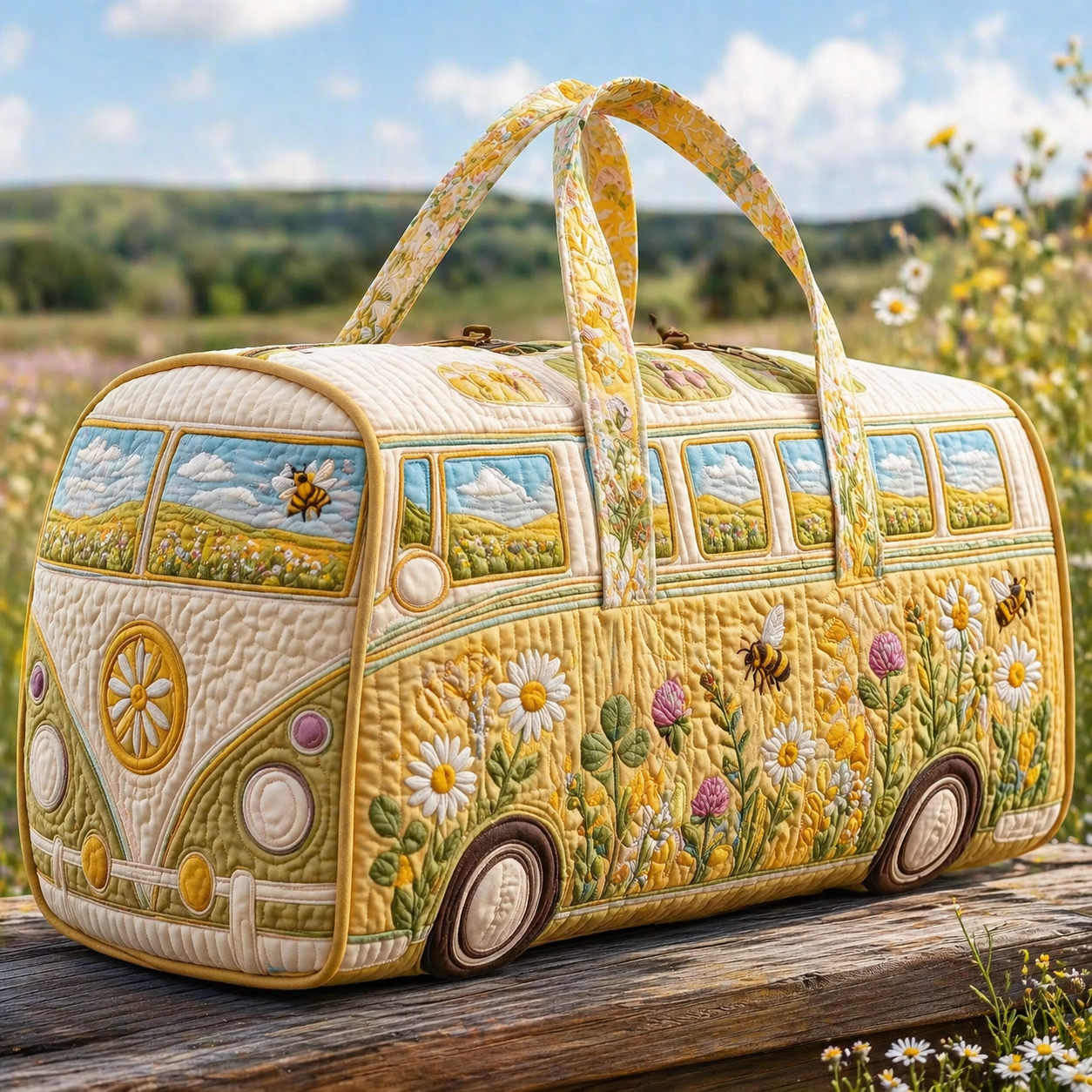 Bee & Daisy Meadow Hippie Van Quilted Duffle Bag