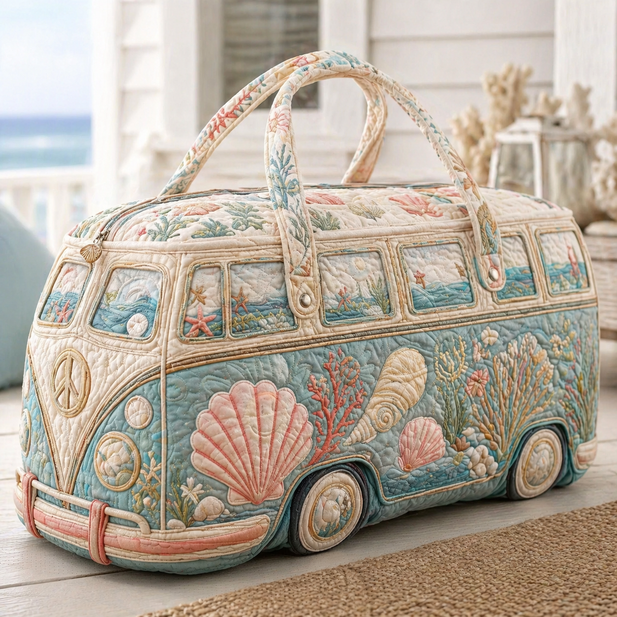 Seashell & Coral Quilted Hippie Van Quilted Duffle Bag