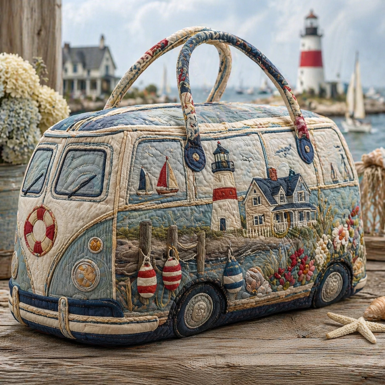 Coastal Lighthouse Quilted Hippie Van Quilted Duffle Bag