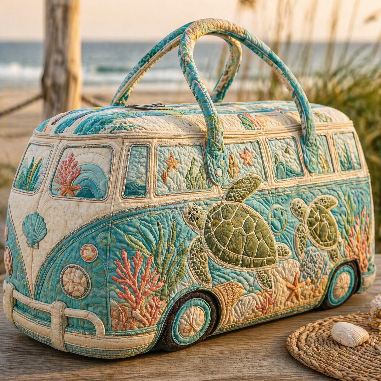 Sea Turtle & Coral Quilted Hippie Van Quilted Duffle Bag
