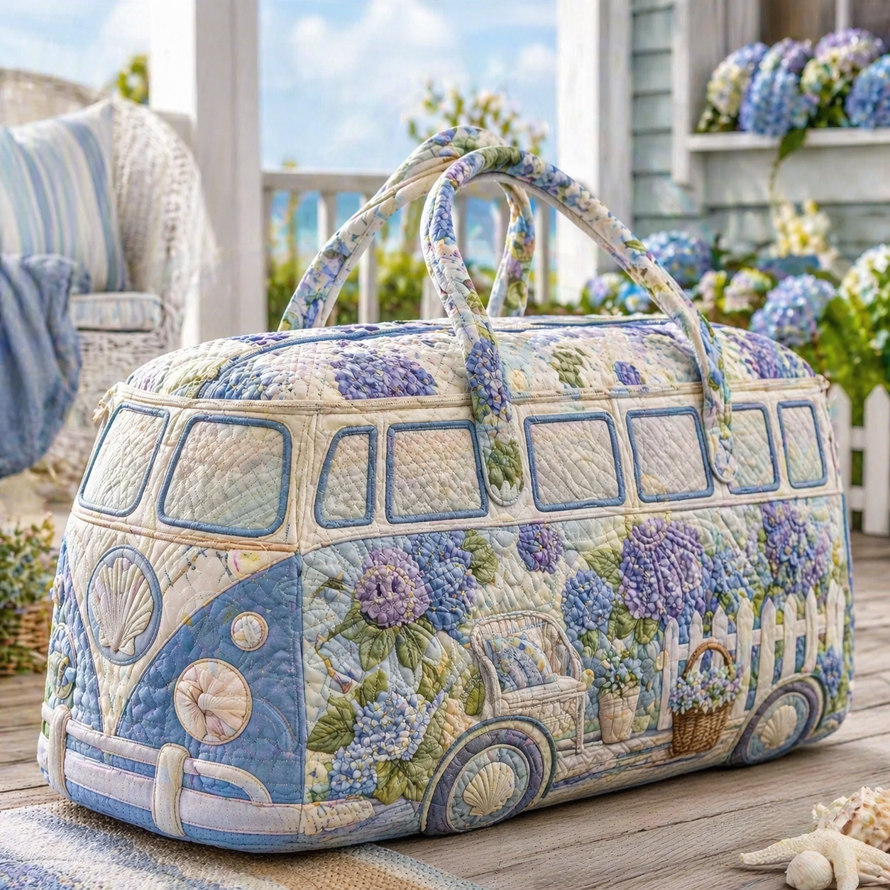 Hydrangea Cottage Quilted Hippie Van Quilted Duffle Bag