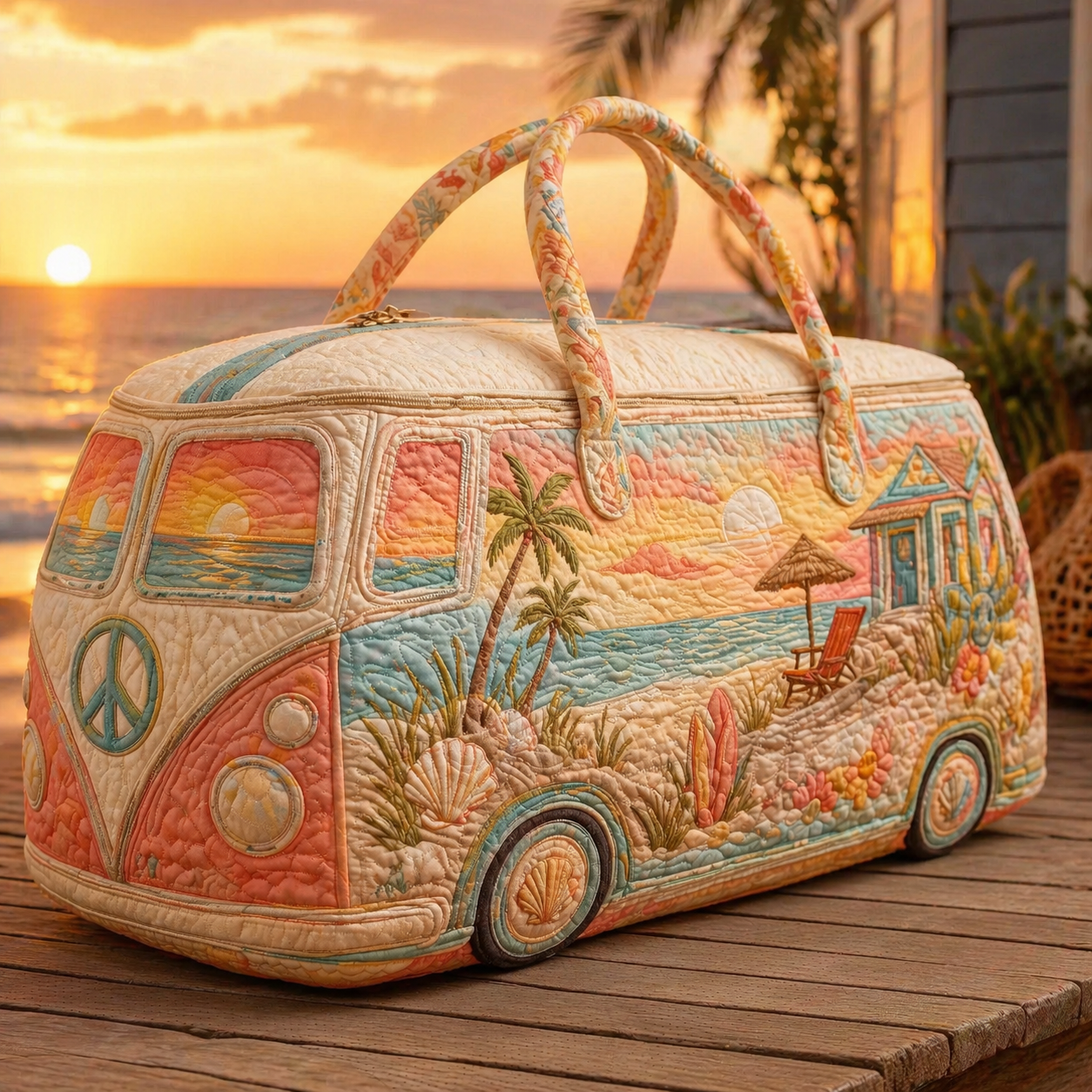 Tropical Sunset Beach Quilted Hippie Van Quilted Duffle Bag