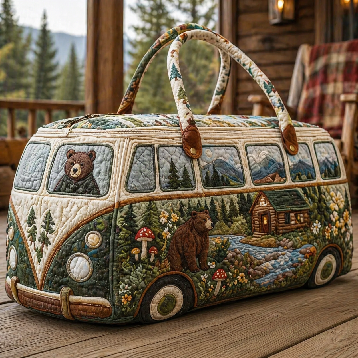 Woodland Bear Cabin Quilted Hippie Van Quilted Duffle Bag