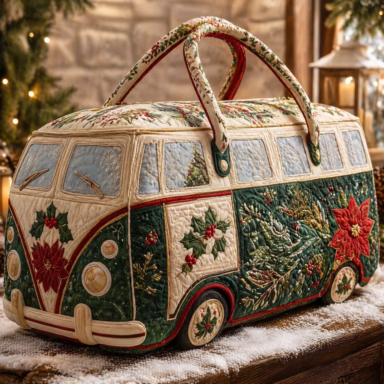 Christmas Holly & Poinsettia Quilted Hippie Van Quilted Duffle Bag