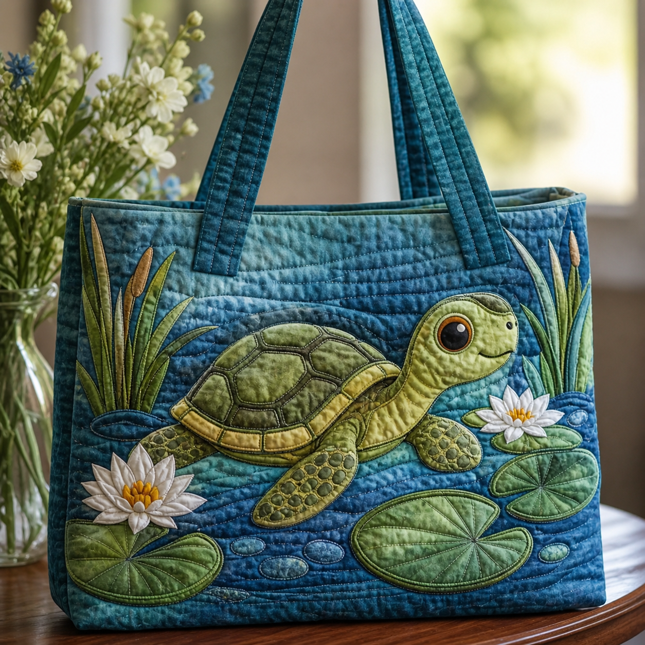 Turtle Pond Quilted Tote Bag
