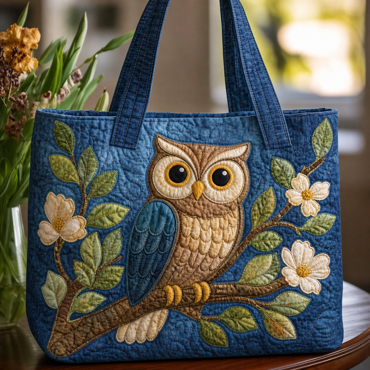 Owl Blossom Quilted Tote Bag