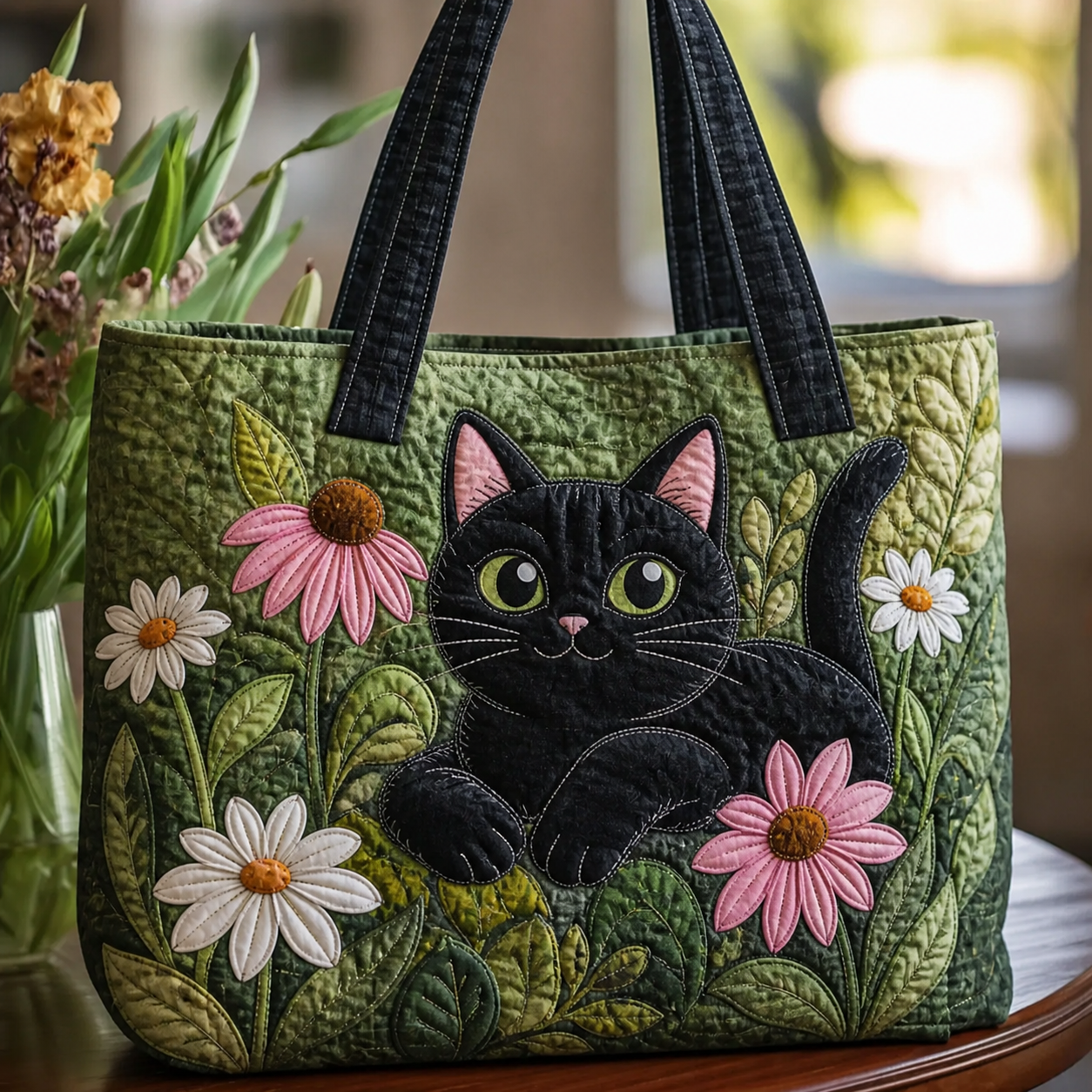 Black Cat Garden Quilted Tote Bag