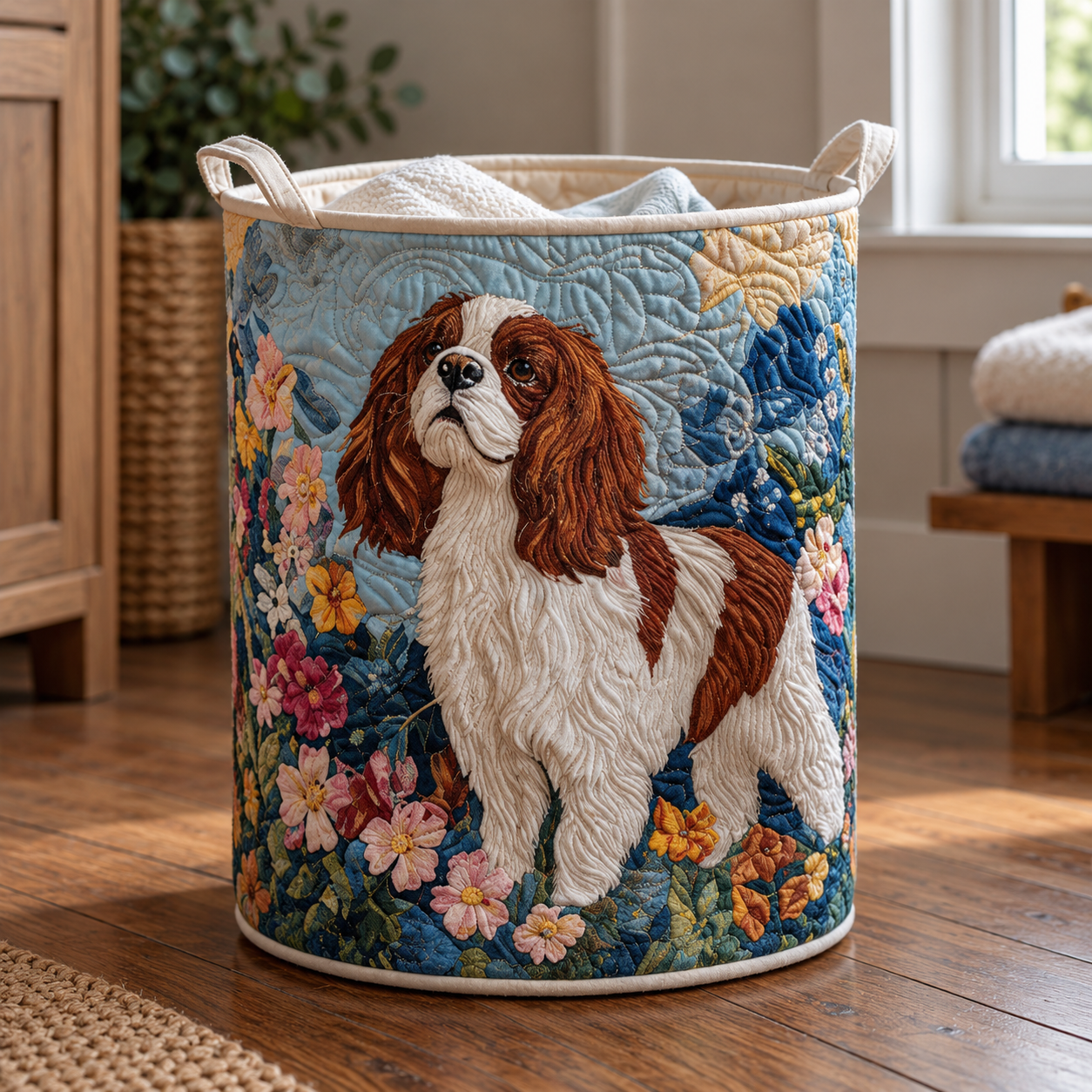 Cavalier Spaniel Floral Garden Quilted Laundry Basket