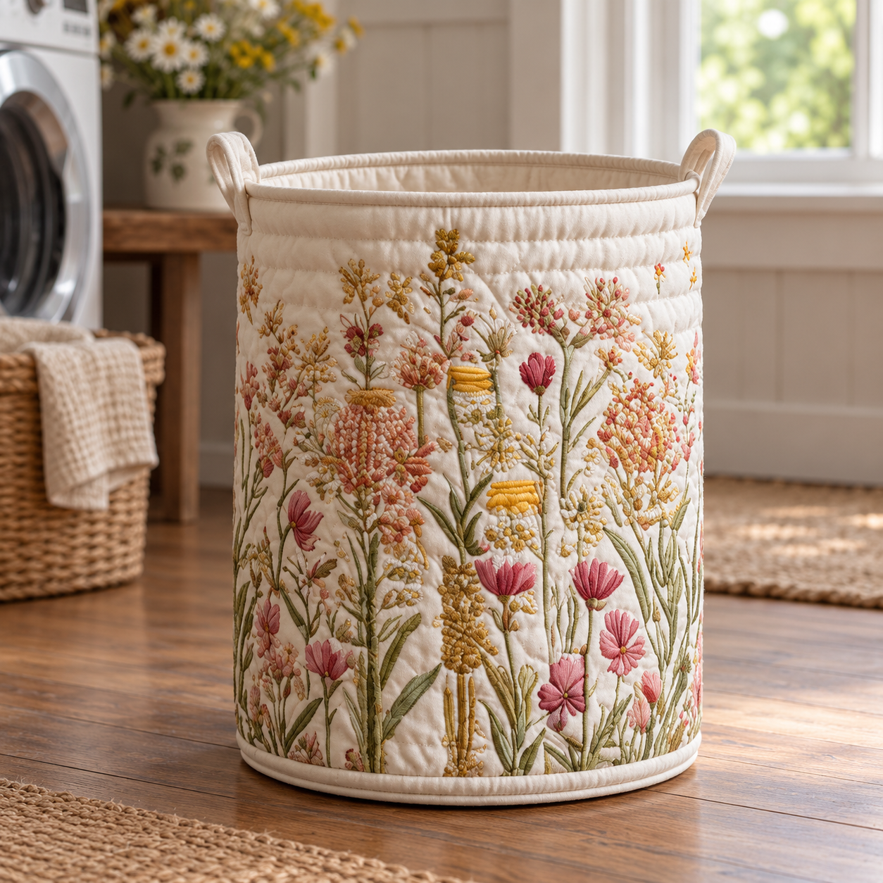 Vintage Wildflower Meadow Quilted Laundry Basket