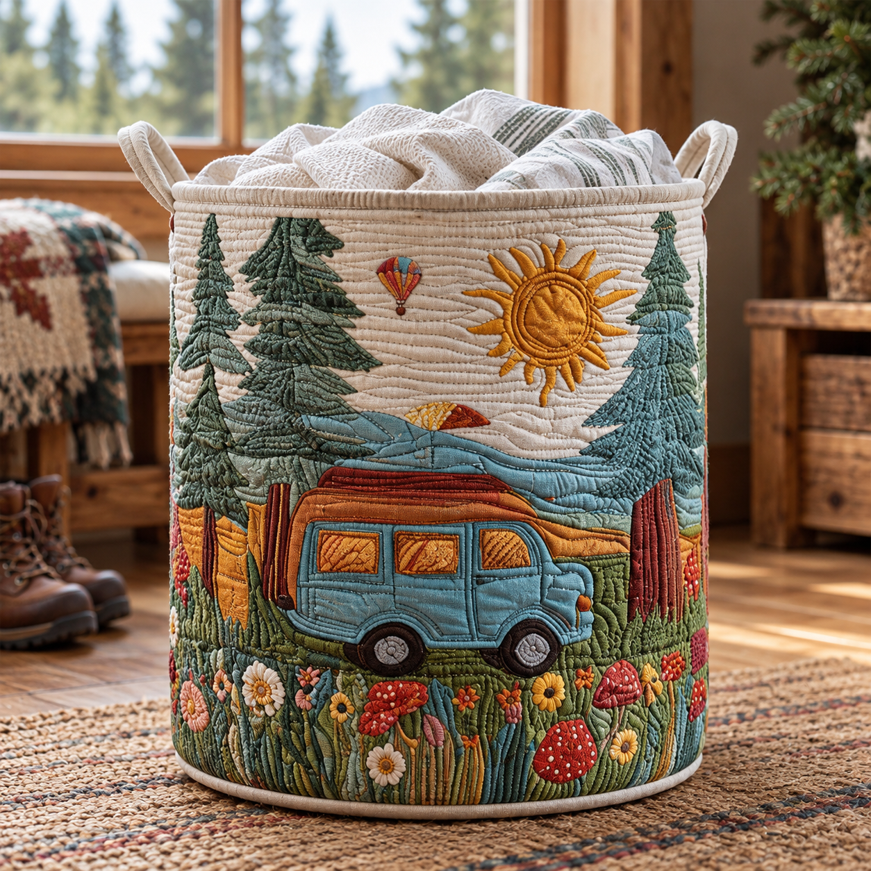 Mountain Camper Adventure Quilted Laundry Basket