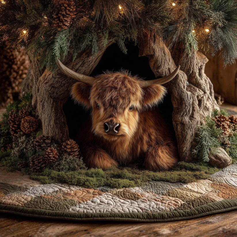 Highland Cow Calf Quilted Tree Skirt