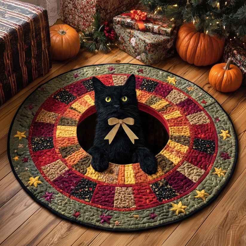 Midnight Magic Cat Quilted Round Mat