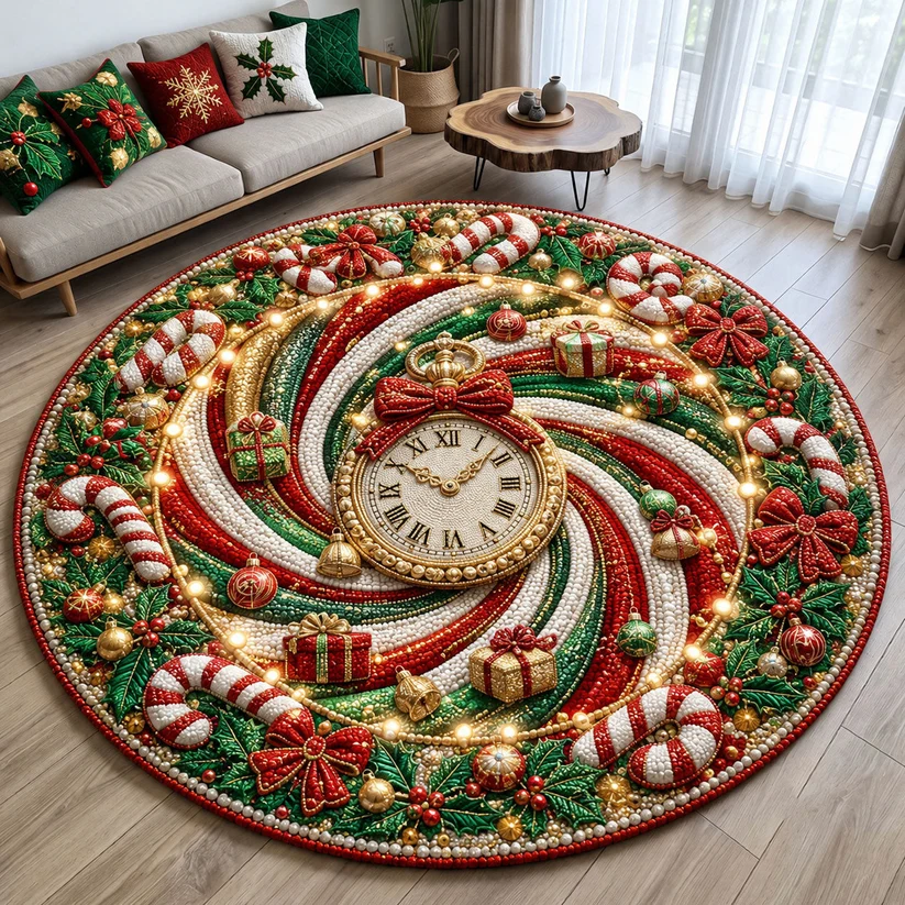 Christmas Candy Clock Quilted Round Mat