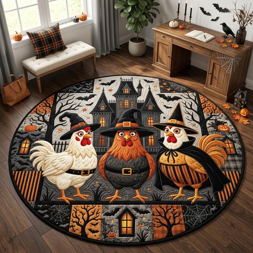 Witch Chicken Haunted House Quilted Round Mat