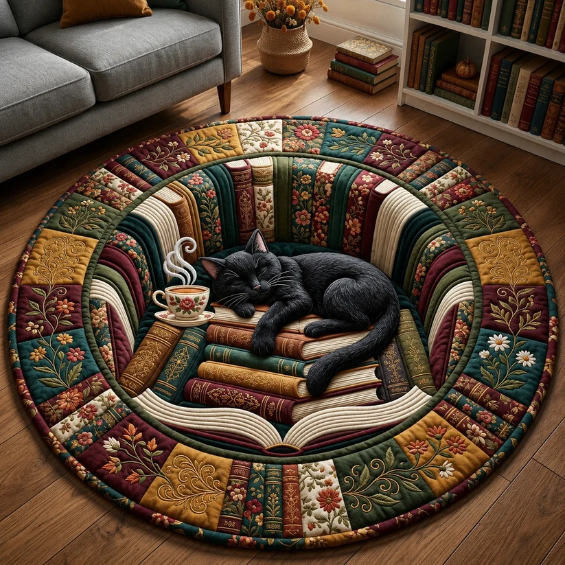 Reading Cat Quilted Round Mat