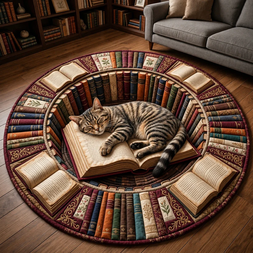 Reading Cat Quilted Round Mat