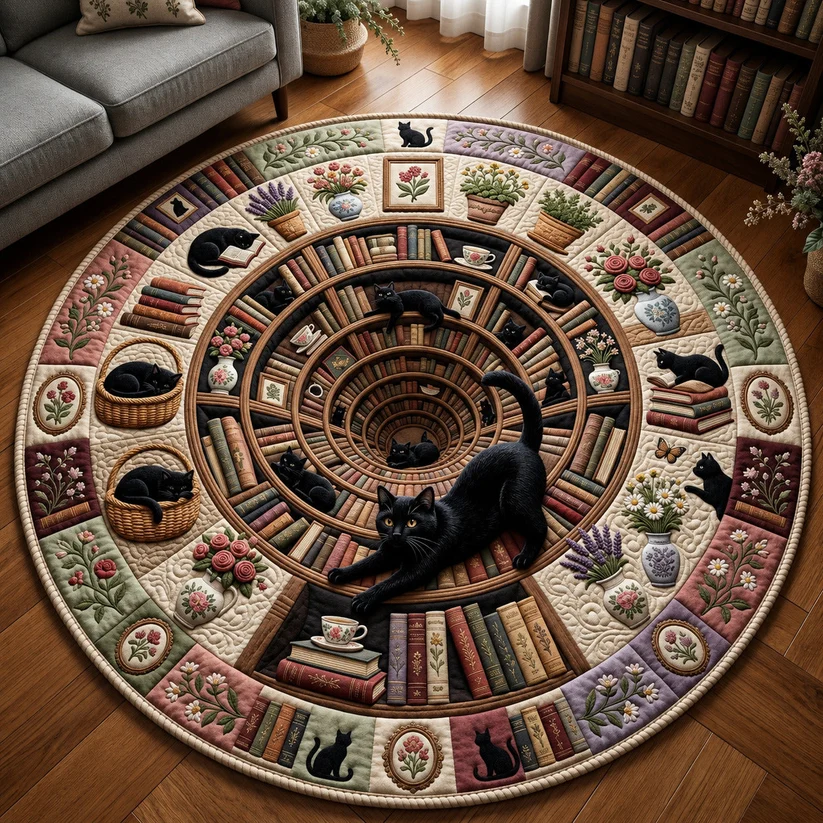 Cat Library Quilted Round Mat