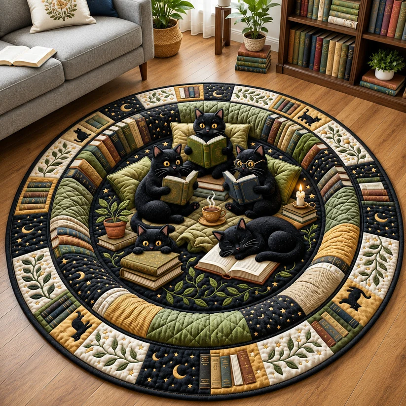 Reading Cat Quilted Round Mat