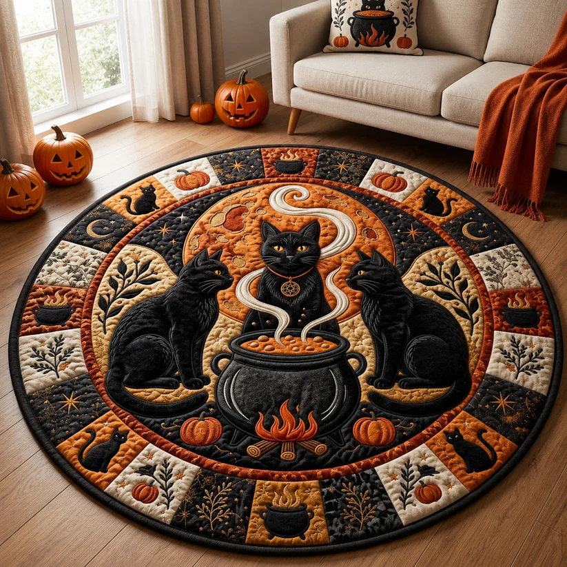 Witch Black Cat Quilted Round Mat